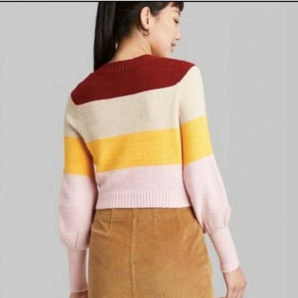 NWT Wild Fable Striped Button Up Balloon Sleeve Crop Sweater - Picture 3 of 8